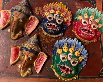 Brass Nepalese Masks, Ganesh Wall Decor Handmade in Nepal, Metal Ganesh Decor, Nepalese Demon Mask