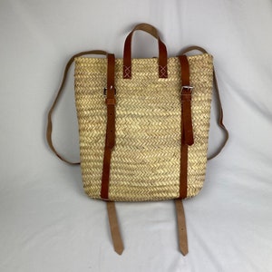 Basket Backpack with leather handles, French Market Basket, Beach Bag, Hippie Boho Straw Backpack, Handmade Handwoven Shopping Basket