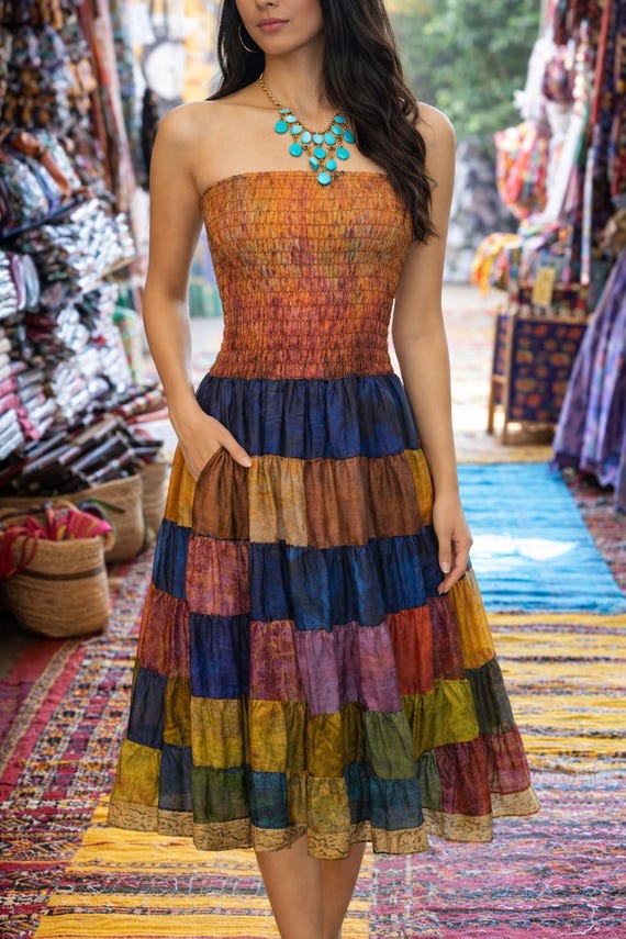 boho dress xxl Patchwork Silk Sundress: Handmade Hippie (S-XXL) Perfect for summer vibes __badge_uk: Coming Soon |FFFFFF/000000 maxi dress for beach Color:BLUE WHITE