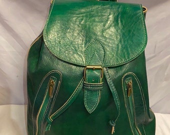 Moroccan Leather Journey Backpack, Large Green genuine leather backpack with pockets