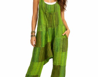 Handmade Patchwork Harem Overalls, Organic Cotton Boho Festival Jumpsuit