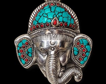 Silver Ganesha Wall Hanging 5x4 Turquoise Red Stone Inlay Boho Spiritual Hindu Ganesh Decor