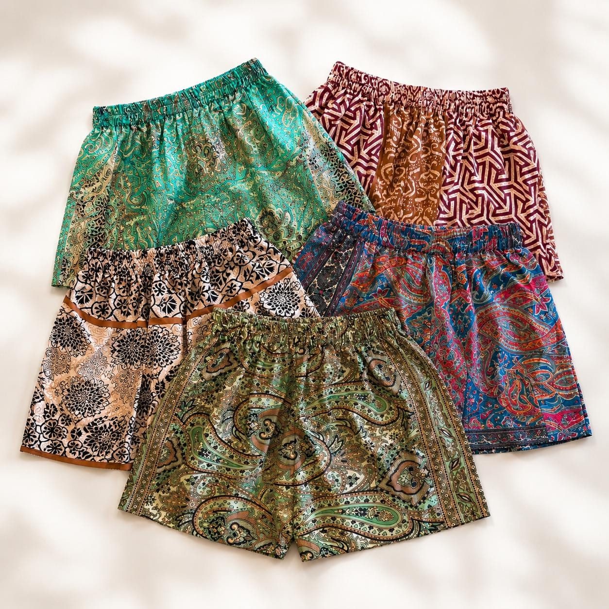 Recycled Sari Silk Shorts, Assorted Boho Hippie Festival Beachwear (5 Pcs)