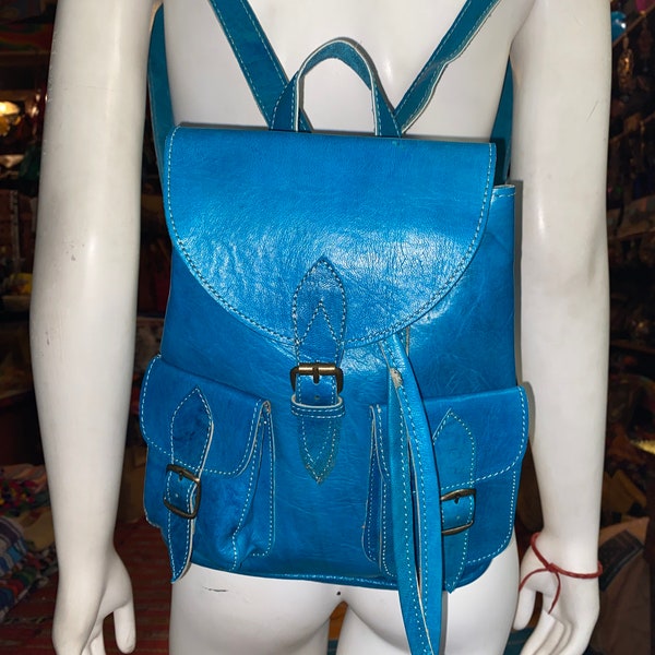 Moroccan Leather Backpack,turquoise Genuine Leather Backpack, Small Leather Backpack with Pockets