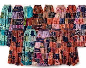 12 Pack Boho Patchwork Cotton Maxi Skirts, Wholesale Hippie Festival Bundle