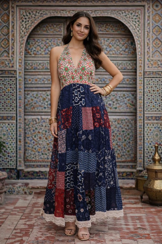 patchwork halter maxi dress Handmade Cotton Dress: Bohemian Sundress PSL