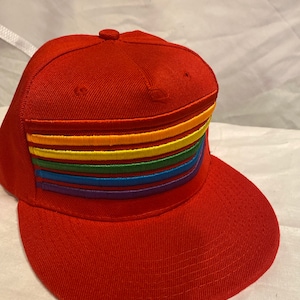 LGBT Pride Red Snapback Hat: Embroidered Rainbow Stripes