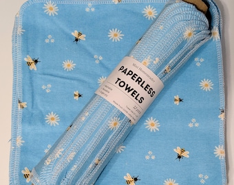 Bee Handgjorda återanvändbara pappershanddukar l Papperslösa handdukar l 100 % bomullsflanell l set med 12 25x25 cm