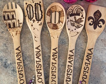 Hand-Engraved Bamboo Cooking Utensil Set, Authentic Mardi Gras Decor and Gifts