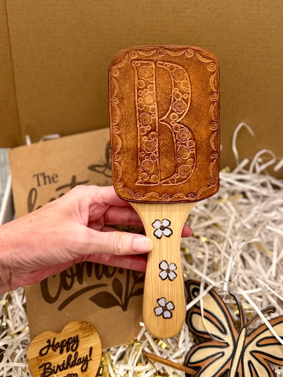 Personalized Hand-Tooled Leather Bamboo Hairbrush | Custom Monogrammed Floral Hairbrush | Selfcare Gift Set for Her