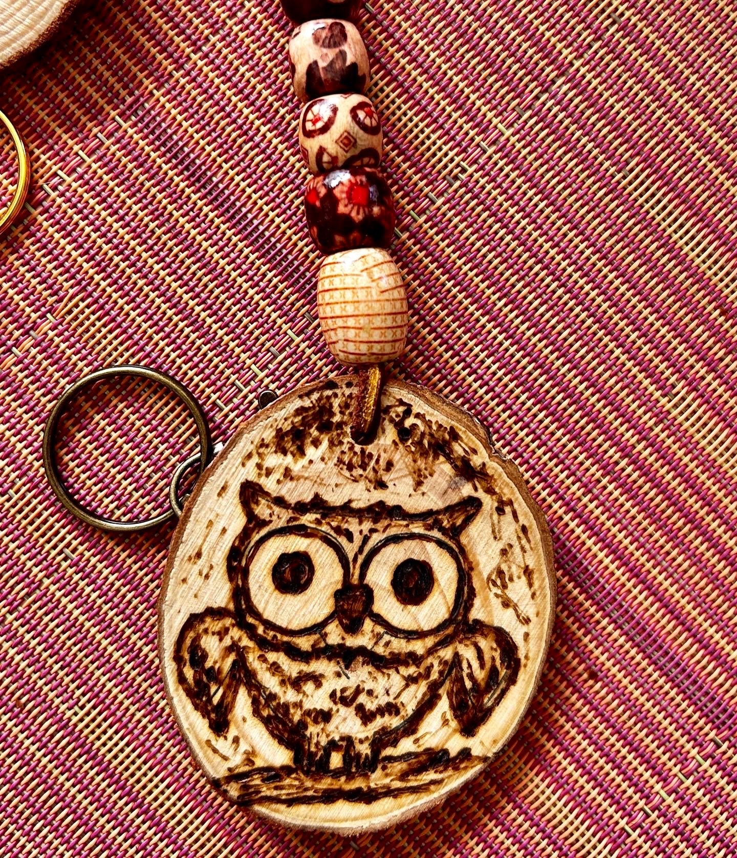Handcrafted Wood Slice Keychain: Woodburned Owl, Mushroom, or Custom Design