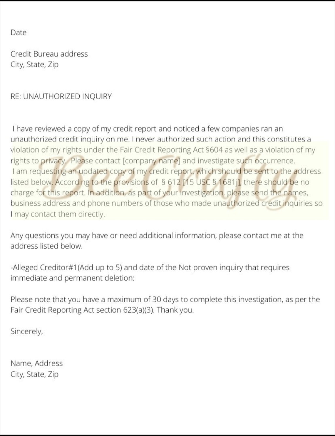 Hard Inquiry Dispute Letter | Etsy