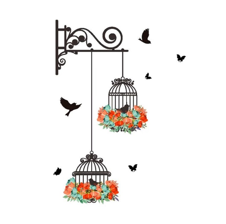 Birds and Bird Cage Wall Decal Colorful Flowers and Etsy