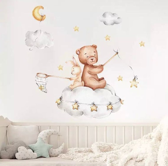 Bear and Rabbit Wall Sticker, Moon and Stars Wall Decal, Children\'s Room  Wall Decoration, Watercolor Wall Decal Children, Boys and Girls Decoration  - Etsy