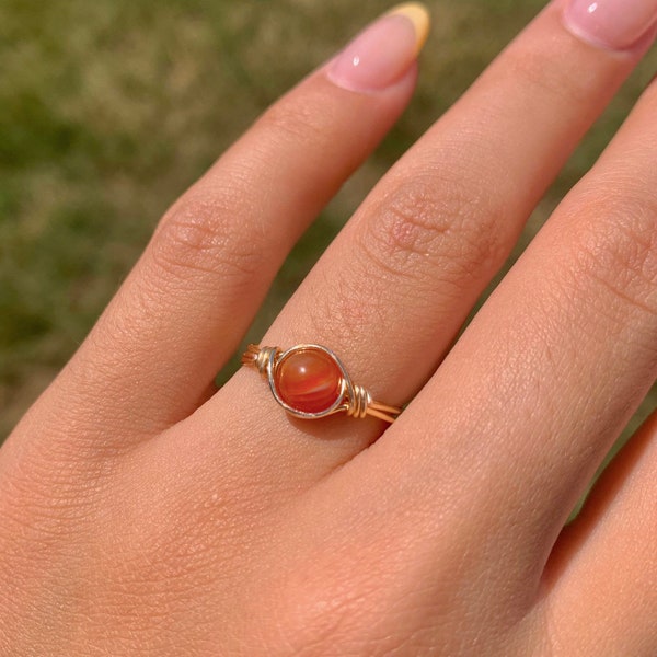 carnelian crystal ring | carnelian wire wrapped crystal ring