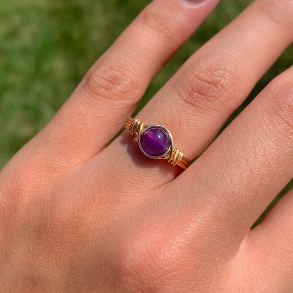 amethyst wire wrapped crystal ring| amethyst crystal wire ring |