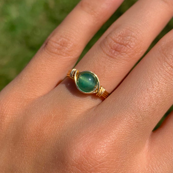 green aventurine wire wrapped crystal ring| green aventurine crystal ring|