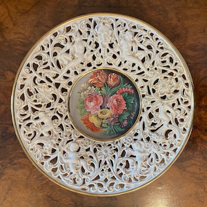 Vintage Capodimonte Wall Plate, Hand-painted Flemish Flowers, Gold Leaf, Grotesque, Putti, Flowers, Centerpiece