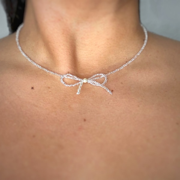 Silver Beaded Bow Necklace, Dainty Bead Bow Necklace, Beaded Bow Choker, Handmade beaded bow necklace, Silver Bow Jewelry, New Years Jewelry