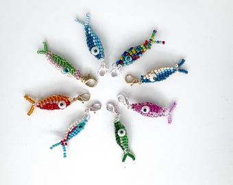 Beaded fish charm, fish necklace charm, beaded fish purse charm, handmade fish charm, fisherman aesthetic jewelry charm, colorful fish penda