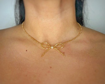 Gold Beaded Bow Necklace, Gold Bow Jewelry, Bow Necklace, Bow Choker, Bow Jewelry, Ribbon necklace, Bow necklace Gold, Gold Bow Choker