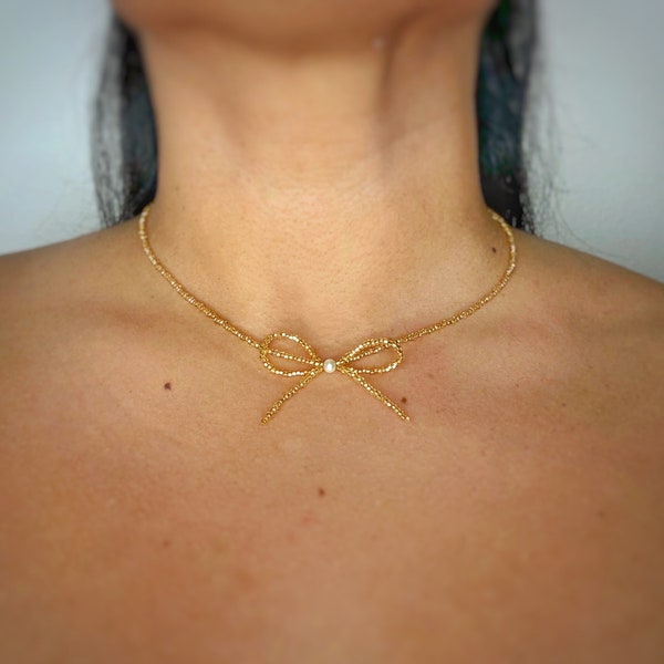 Gold Beaded Bow Necklace, Gold Bow Jewelry, Bow Necklace, Bow Choker, Bow Jewelry, Ribbon necklace, Bow necklace Gold, Gold Bow Choker