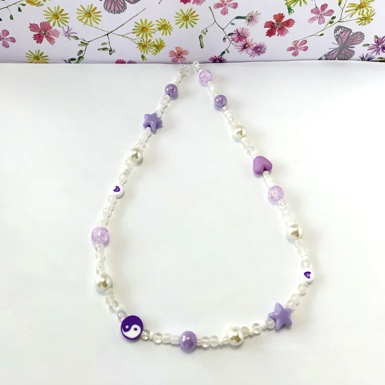 Trendy beaded necklace, Y2K purple necklace, Beaded necklace Y2K, Mixed bead pearl necklace, Kawaii purple necklace, Gift for teenager 