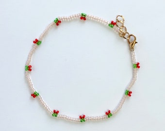 Cherry anklet, cherry seed bead anklet, dainty anklet, gift for girlfriend, cherry aesthetic jewelry, cute anklet, summer jewelry, cherries