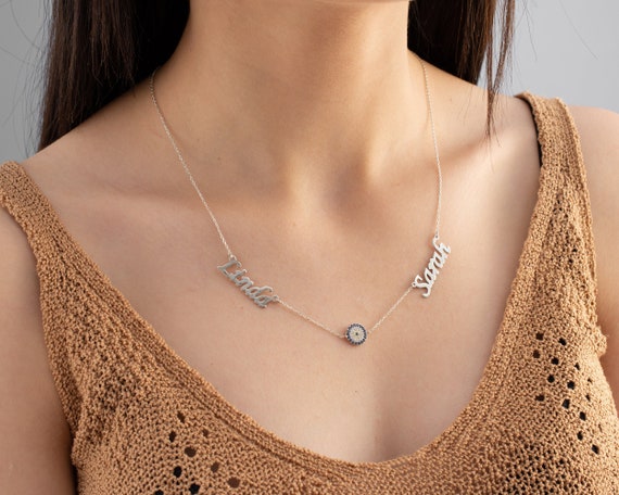 Two Names Necklace With Evil Eye Custom 