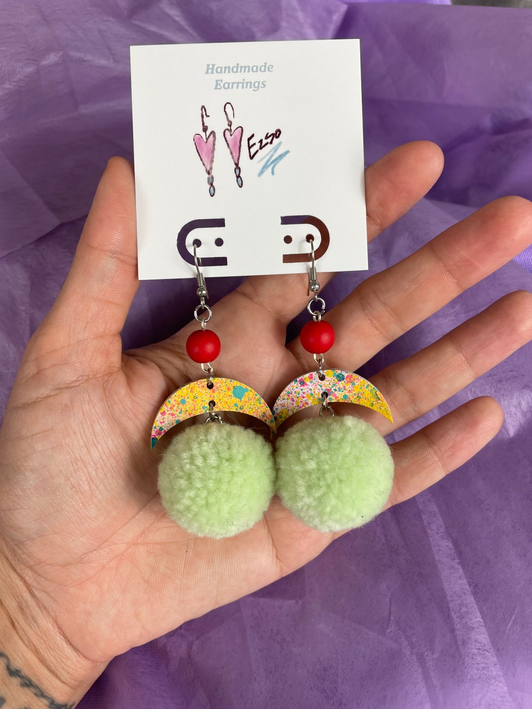 Lime Green Crescent Moon Pom Poms / Crescent Moon Earrings/ Funky Earrings/ Bold Earrings/ Lime
