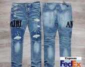 slimming denim Vintage,Custom Blue Denim Jeans with Black Star Detailing - Amir Inspired,This item use FedEx Express,SW 37