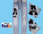 slimming denim Vintage,Custom Blue Denim Jeans with Black Star Detailing - Amir Inspired,This item use FedEx Express,SG-5