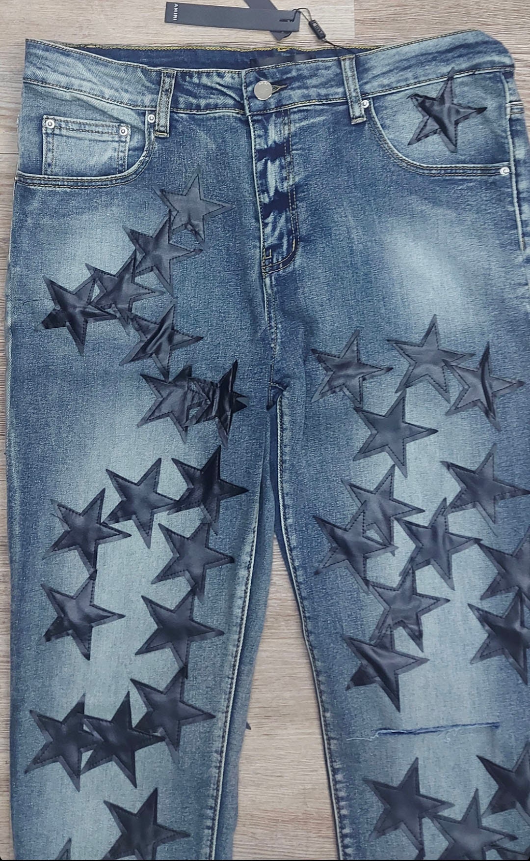 Vintagecustom Blue Denim Jeans With Black Star Detailing - Etsy