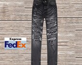 slimming denim Custom Black Denim Jeans with Distressed Detailing - Inspired,Amir,This item use FedEx Express ,SG-2