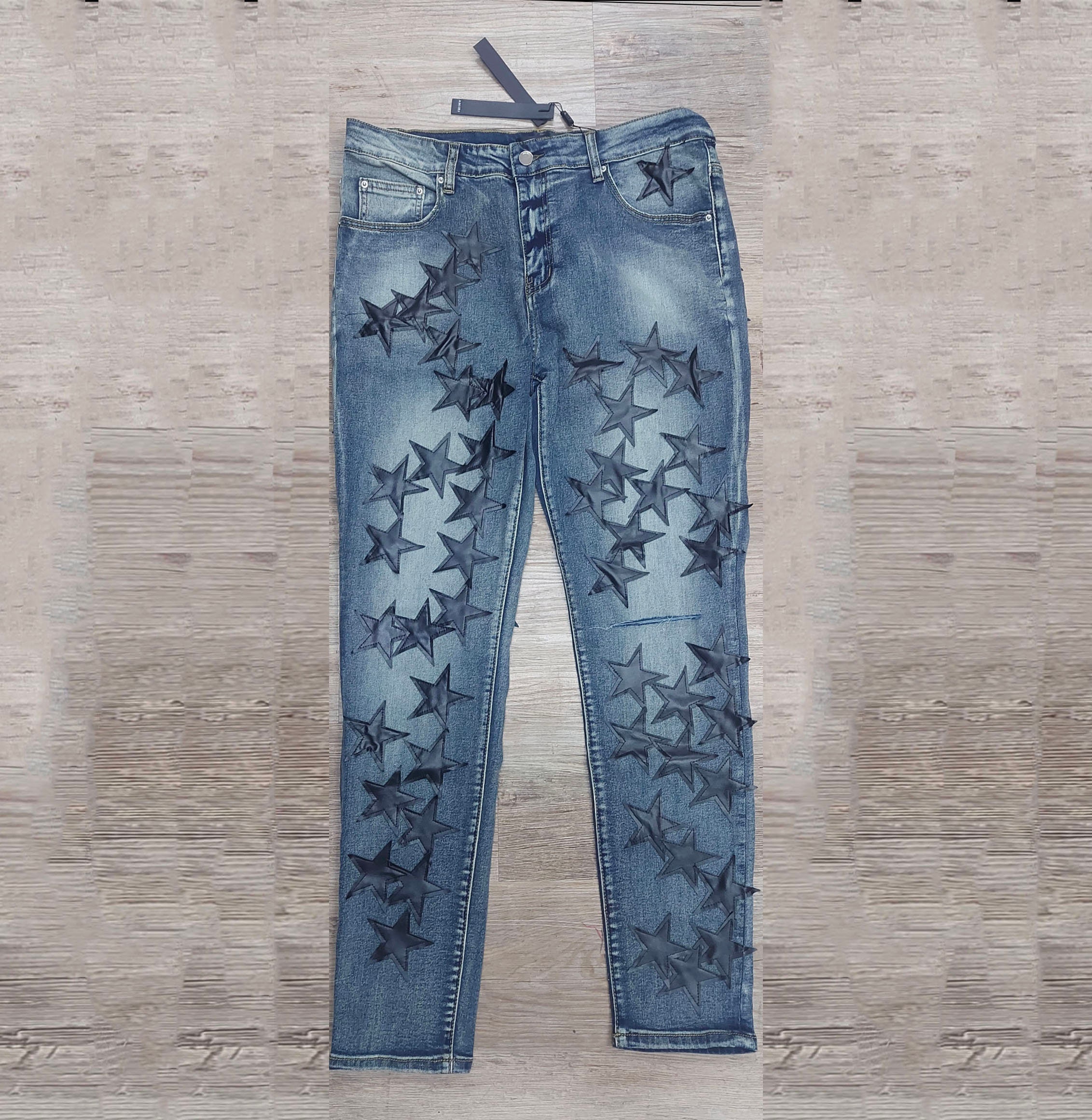 Vintagecustom Blue Denim Jeans With Black Star Detailing - Etsy