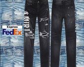slimming denim Custom Black Denim Jeans with Distressed Detailing - Inspired,Amir,This item use FedEx Express ,SG-3