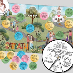 May include: A colorful illustrated educational poster with the text "I Can Keep the Sabbath Day Holy." The poster features a path with people, trees, and a church, with circular text bubbles containing questions and answers about the Sabbath.
