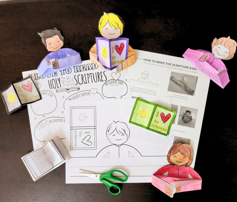May include: A printable craft activity for kids to make paper dolls holding books with the words "I love the Scriptures" on them. The craft includes instructions on how to make the dolls and a page for kids to color and personalize their own dolls.