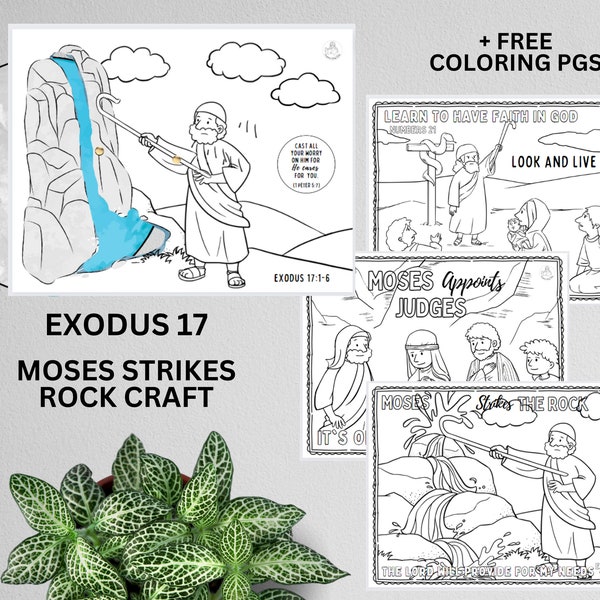 Kids Bible MOSES Printables: Moses Strikes Rock (Exod. 17) Craft - Lessons from Moses Coloring Pgs Exod. 17, 18, & Numbers 21 Snake Staff