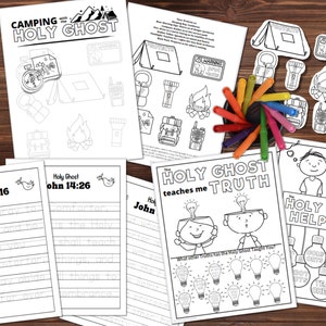 May include: Black and white printable coloring pages for kids featuring camping and the Holy Ghost. The pages include a camping scene, a campfire, a tent, a flashlight, a backpack, a walkie-talkie, and a bird. The pages also include the Bible verses John 14:16 and John 14:26. The pages are designed to help kids learn about the Holy Ghost and how he can help them.