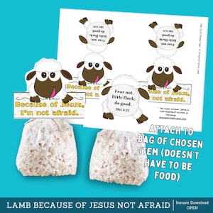 May include: Printable sheep tags with the text "Because of Jesus, I'm not afraid." and "Fear not, little flock: do good."  The tags feature a cartoon sheep with a brown nose and tongue sticking out. The tags are designed to be attached to bags of treats or other items.