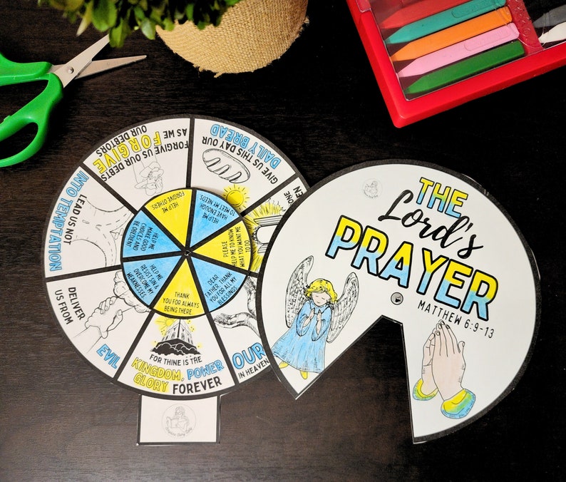 The Lord's Prayer Spinner Wheel & Coloring Pg kids bible matching memory game printable activity kids sunday school, come follow me image 1