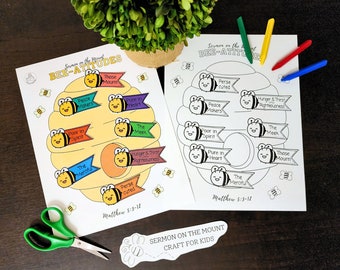 Beatitudes Kids Beehive Craft Activity, Sermon on Mount Matthew 5/Luke 6, Printable Bible Game Sunday School Children Memory Verse Christian