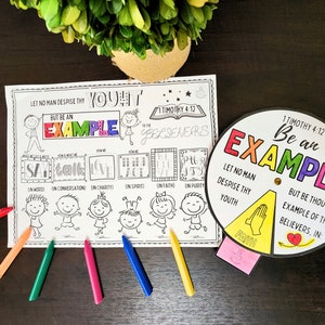 Good Example 1 Timothy 4:12, Coloring Spinner Wheel & Coloring Pg - kids bible scripture printables - kids sunday school, come follow me