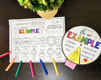 Good Example 1 Timothy 4:12, Coloring Spinner Wheel & Coloring Pg - kids bible scripture printables - kids sunday school, come follow me