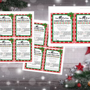 May include: A set of printable Christmas story cards with red and green polka dots. Each card features a letter of the alphabet and a corresponding word from the Christmas story. The cards are titled "The M's of the Christmas Story".