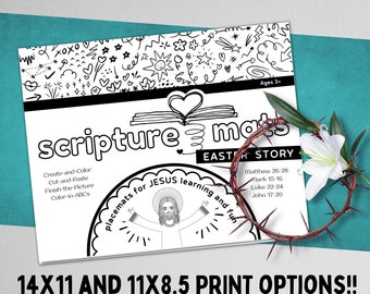 Easter Jesus - 7 Scripture Activity Place Mats, kids table coloring craft bible Sunday school activity scripture printable games download