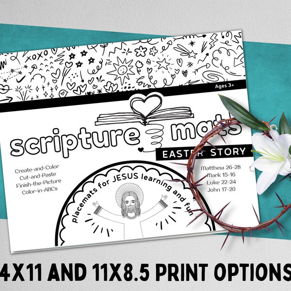 Easter Jesus - 7 Scripture Activity Place Mats, kids table coloring craft bible Sunday school activity scripture printable games download