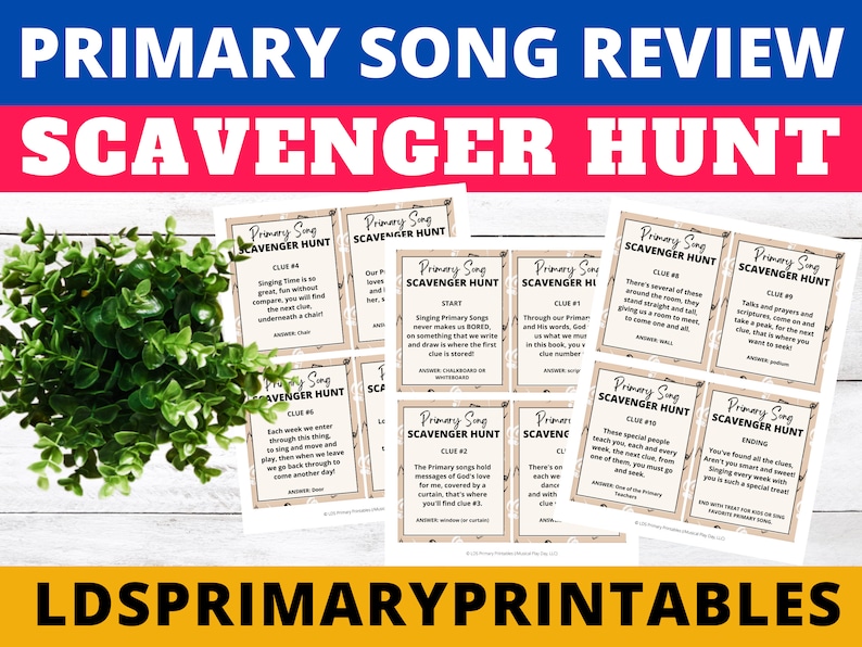 May include: A set of printable scavenger hunt cards for a Primary Song review activity. The cards are beige with brown text and feature the words "Primary Song Scavenger Hunt" and "Clue #".
