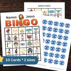 Può includere: Un set di cartelle della tombola "Nomi di Gesù" con marcatori a cerchio blu. Le cartelle della tombola presentano illustrazioni e le parole "Nomi Gesù Tombola". Il set include 10 cartelle in 2 dimensioni.